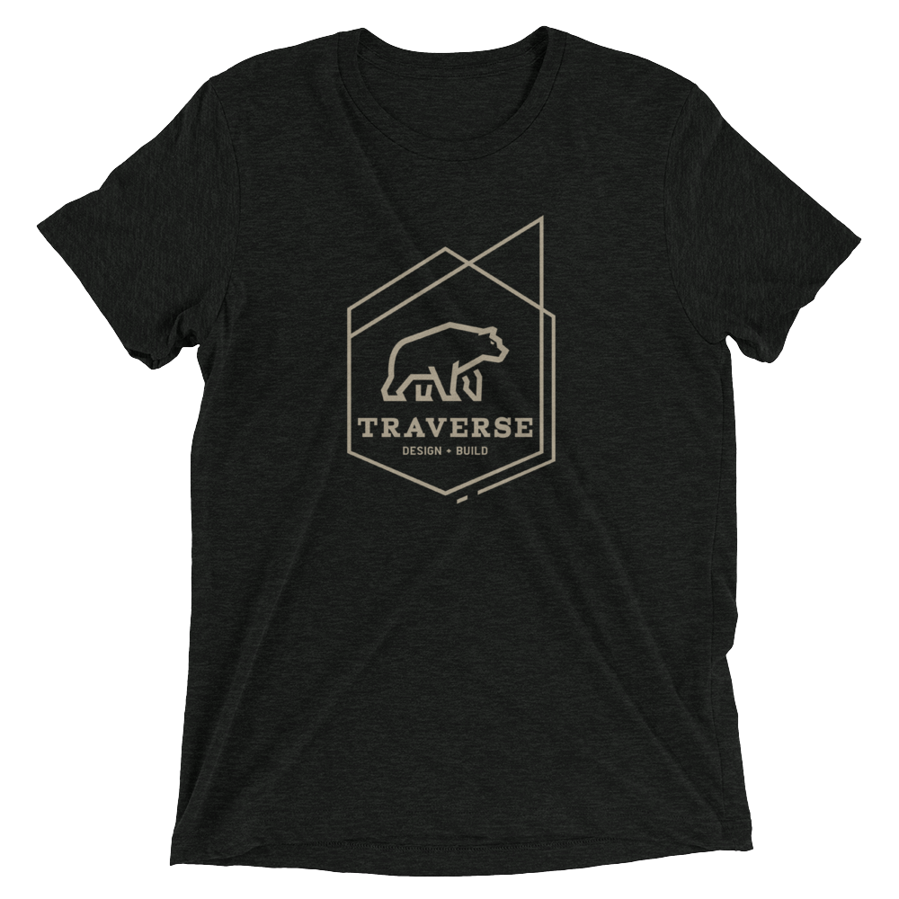 Men's charcoal polyester cotton blend t-shirt with tan Traverse logo