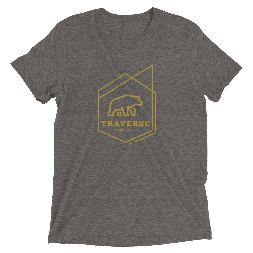 Men's medium gray polyester cotton blend t-shirt with mustard yellow Traverse logo