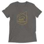 Men's medium gray polyester cotton blend t-shirt with mustard yellow Traverse logo