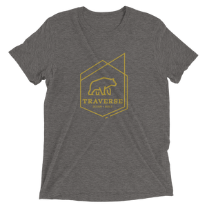 Men's medium gray polyester cotton blend t-shirt with mustard yellow Traverse logo