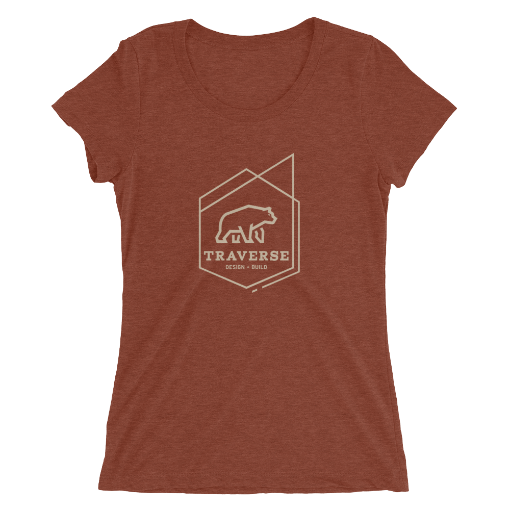 Women's clay red cotton polyester blend t-shirt with tan Traverse logo