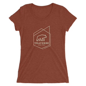 Women's clay red cotton polyester blend t-shirt with tan Traverse logo