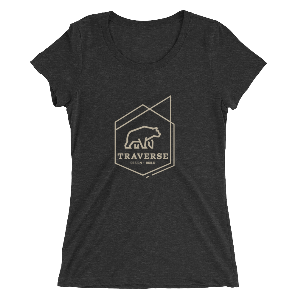 Women's black cotton polyester blend t-shirt with tan Traverse logo