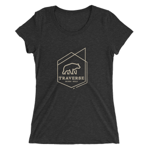 Women's black cotton polyester blend t-shirt with tan Traverse logo