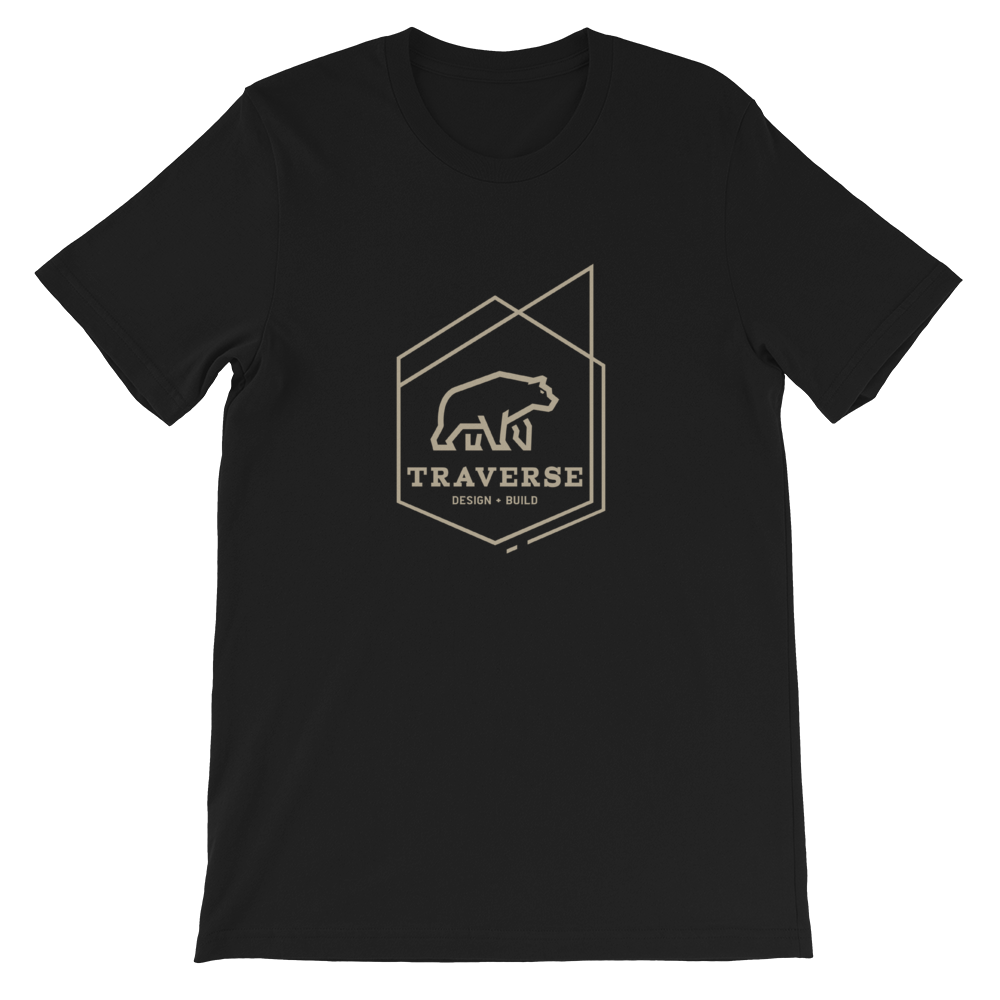 Unisex black cotton t-shirt with tan Traverse logo