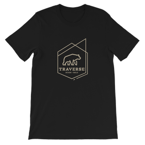 Unisex black cotton t-shirt with tan Traverse logo