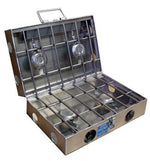 Steel 4 burner stove with handle and hinge allowing it to fold